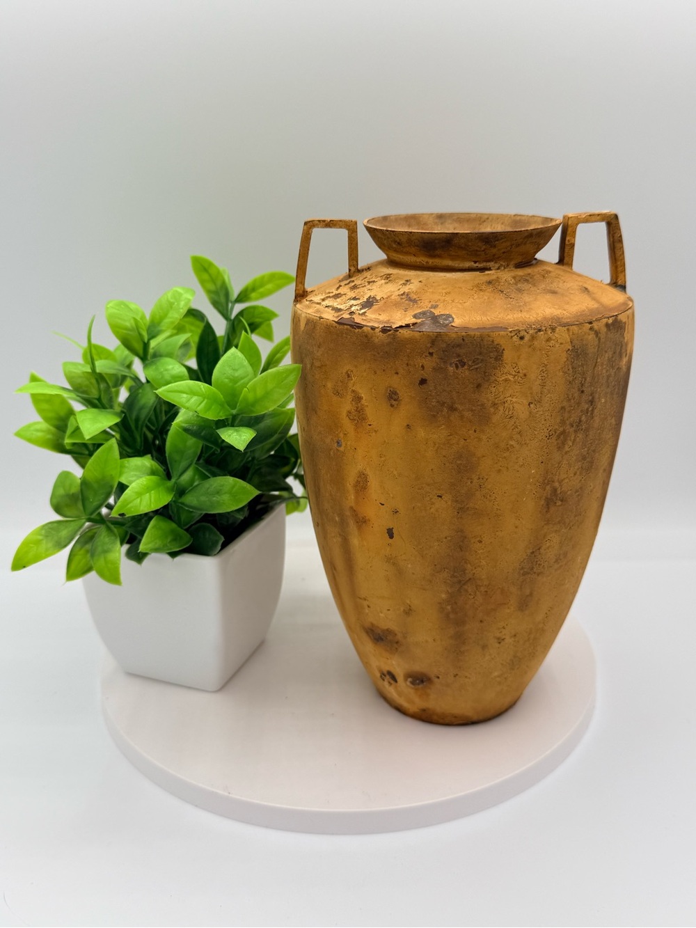 Rustic Aged Metal Amphora Vase 8” Vintage Style Textured Ocher Gold Urn India